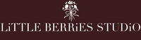 A dark maroon banner featuring the white serif text 'LITTLE BERRIES STUDIO' beneath a small white floral emblem.