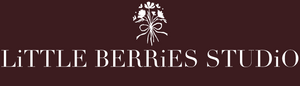 A dark maroon banner featuring the white serif text 'LITTLE BERRIES STUDIO' beneath a small white floral emblem.