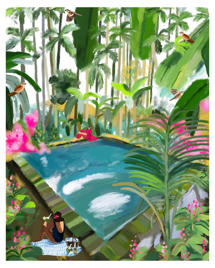 Tropical scene with a pond surrounded by lush greenery and flowers.