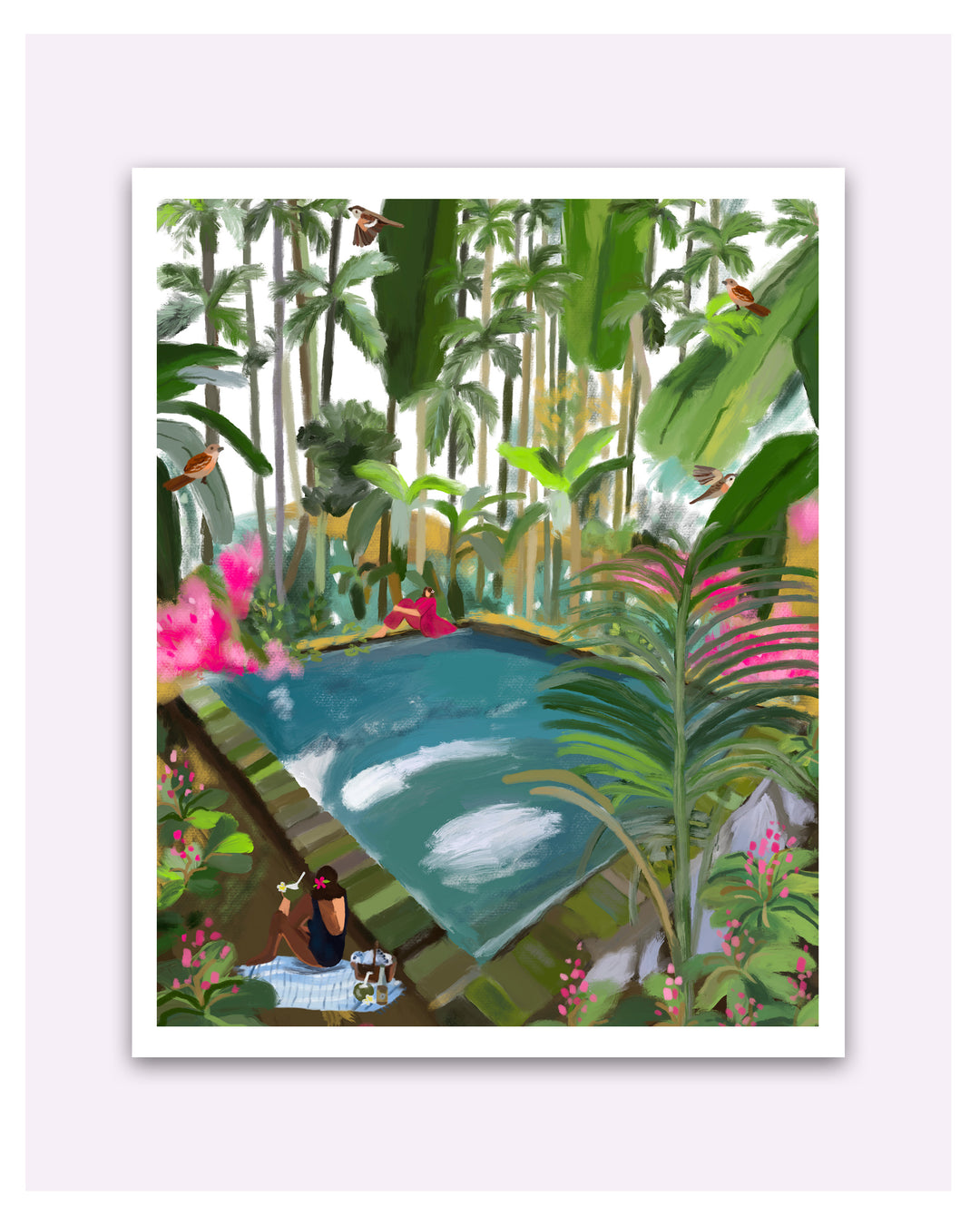 Tropical scene with a pond people surrounded by lush greenery and flowers.