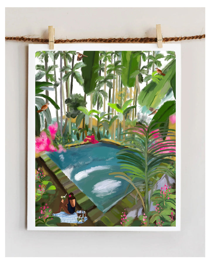 Tropical Artprint showcasing a pond and people surrounded by lush greenery and flowers, hanging on a rope.