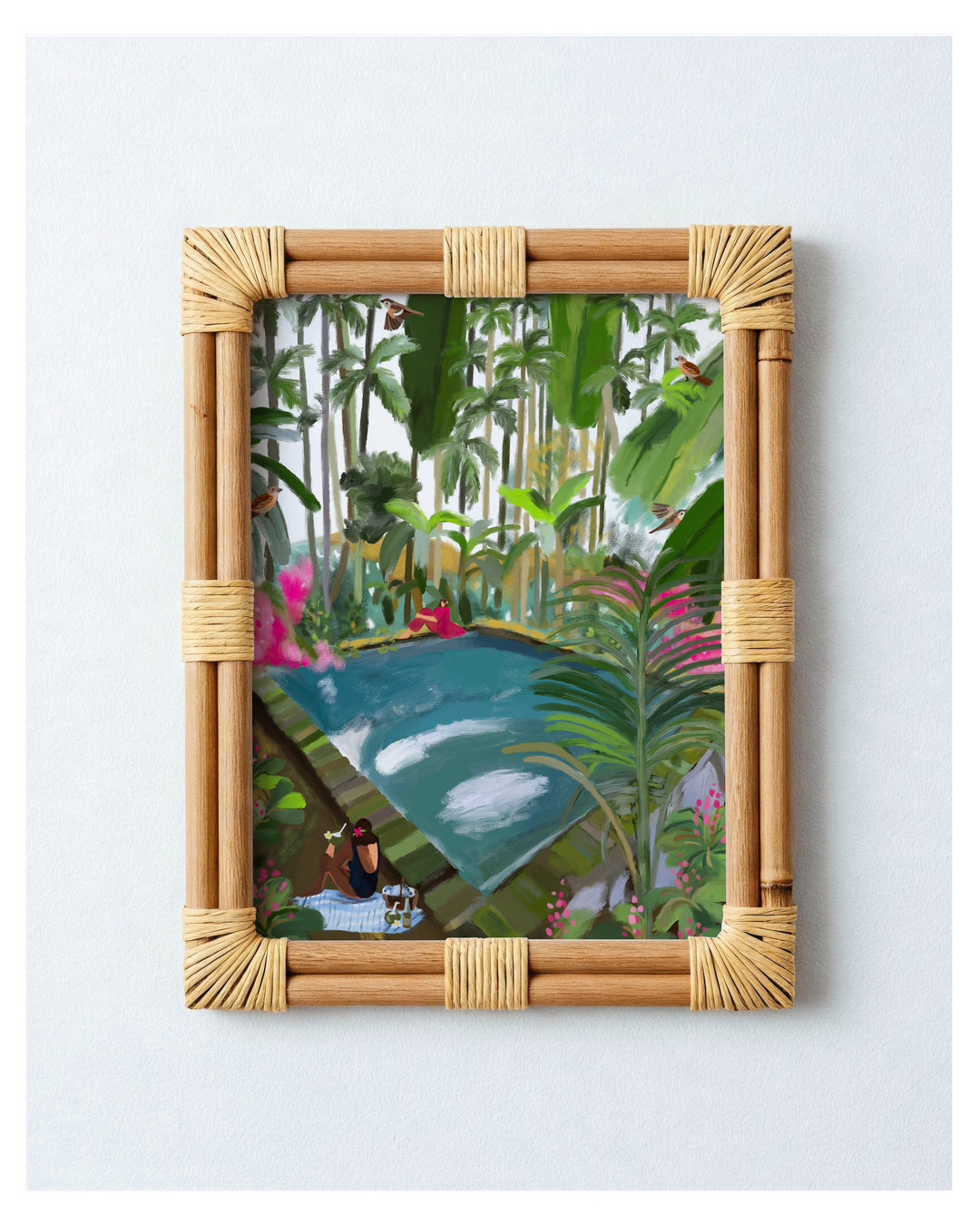 Framed artwork of a tropical scene with a pond and people, set against a white background.