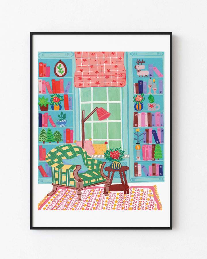 Black Framed Artwork depicting a colourful reading nook with a comfy chair, bookshelves, and charming decor, titled 'Literary Retreat' by Little Berries Studio.