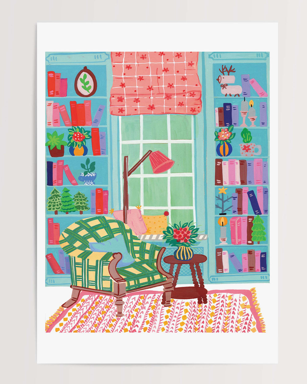 Colourful illustration depicting a colourful reading nook with a comfy chair, bookshelves, and charming decor, titled 'Literary Retreat' by Little Berries Studio.