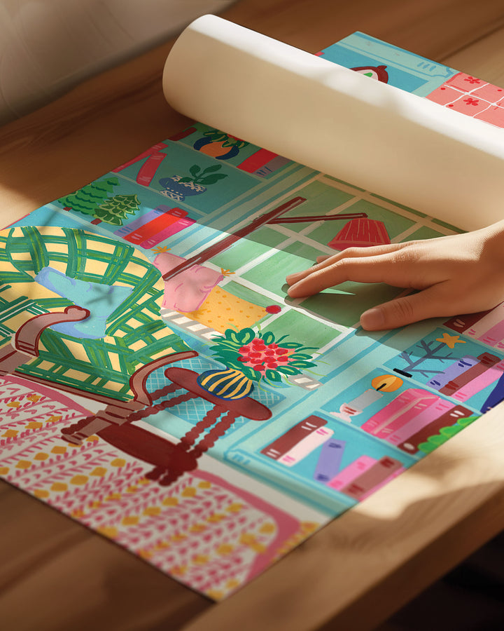 Archival Art Print depicting a colourful reading nook with a comfy chair, bookshelves, and charming decor, titled 'Literary Retreat' by Little Berries Studio.