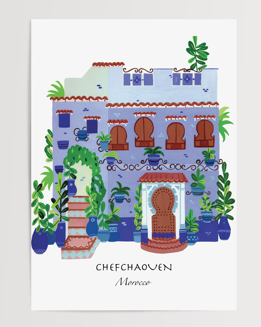 Illustrated Art Print of a traditional Moroccan house in Chefchaouen by Little Berries Studio, featuring blue and white architecture, arched windows, and lush green plants.