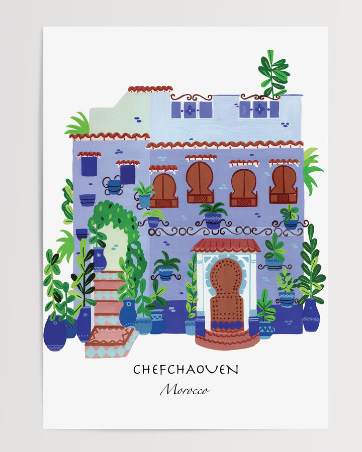 Illustrated Art Print of a traditional Moroccan house in Chefchaouen by Little Berries Studio, featuring blue and white architecture, arched windows, and lush green plants.