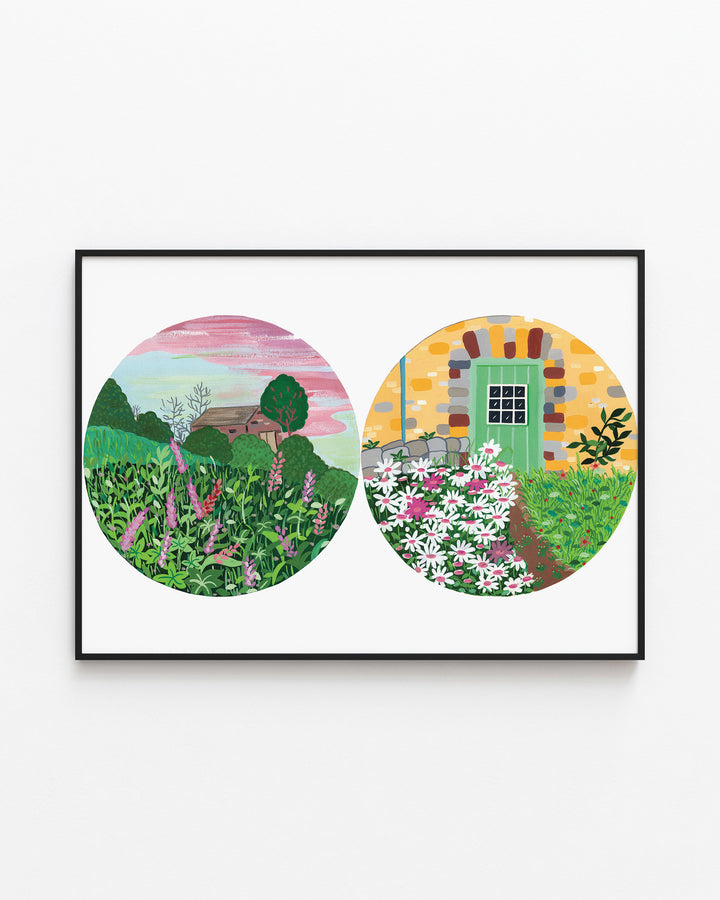 Black Framed Artwork of two circular nature illustrations: one depicting a field of tall green plants and wildflowers, the other featuring a stone house with a green door.