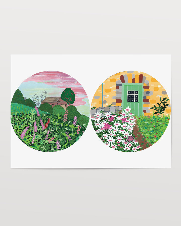 Two circular nature illustrations: one depicting a field of tall green plants and wildflowers with a distant house under a pink and blue sky, the other featuring a stone house with a green door surrounded by a vibrant garden of daisies and greenery.