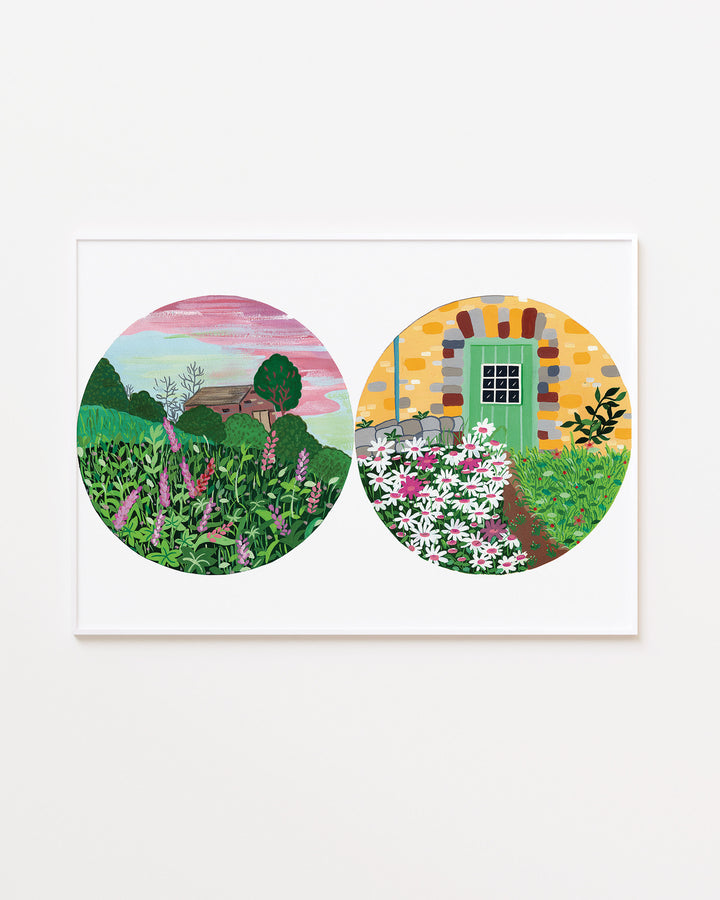White Framed Artwork of two circular nature illustrations: one depicting a field of tall green plants and wildflowers, the other featuring a stone house with a green door.