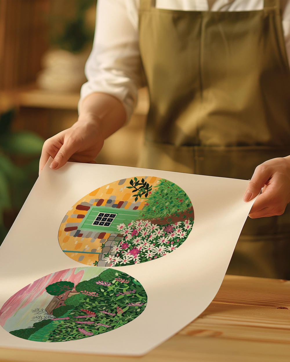 An Archival ArtPrint of two circular nature illustrations: one depicting a field of tall green plants and wildflowers, the other featuring a stone house with a green door.