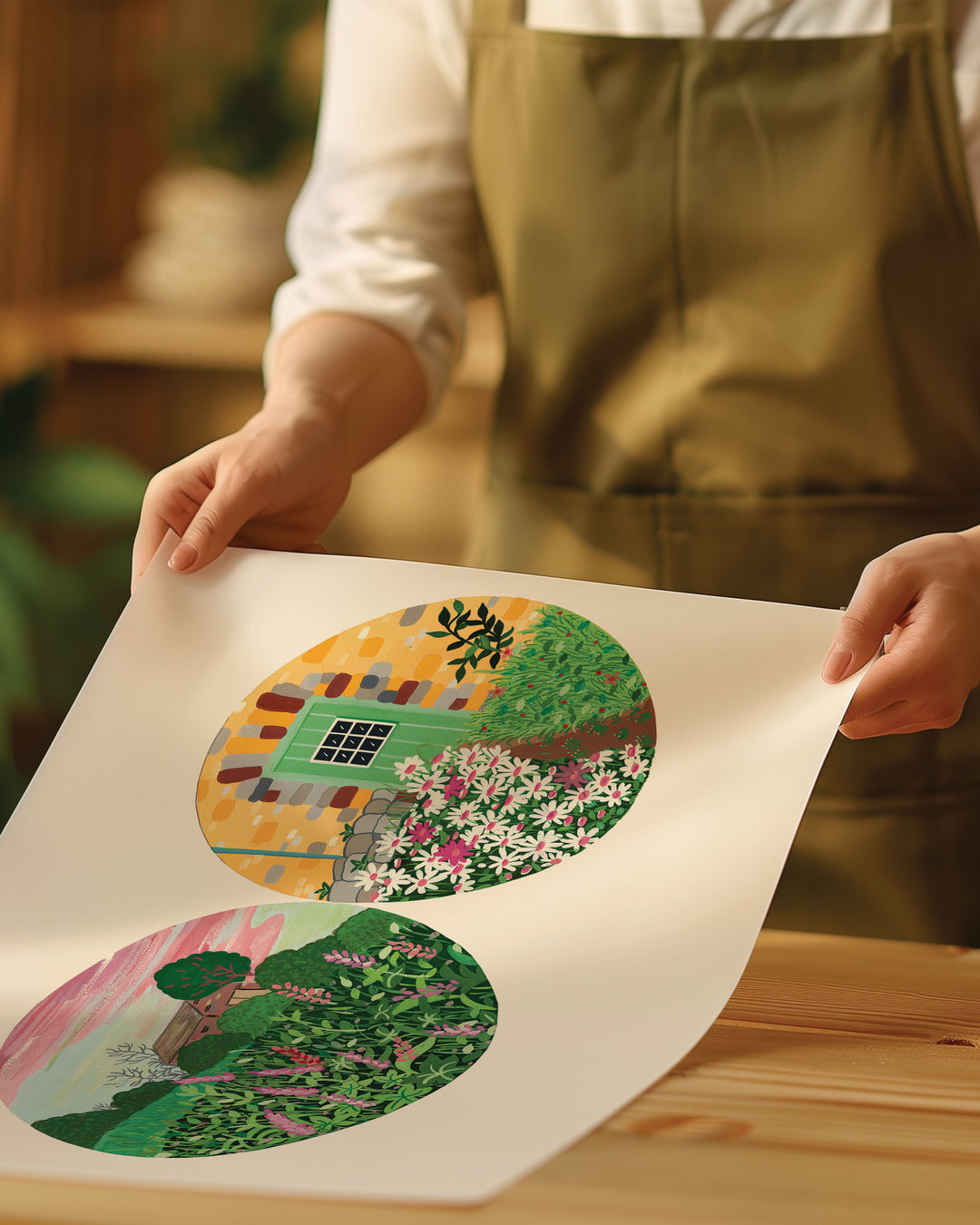 An Archival ArtPrint of two circular nature illustrations: one depicting a field of tall green plants and wildflowers, the other featuring a stone house with a green door.