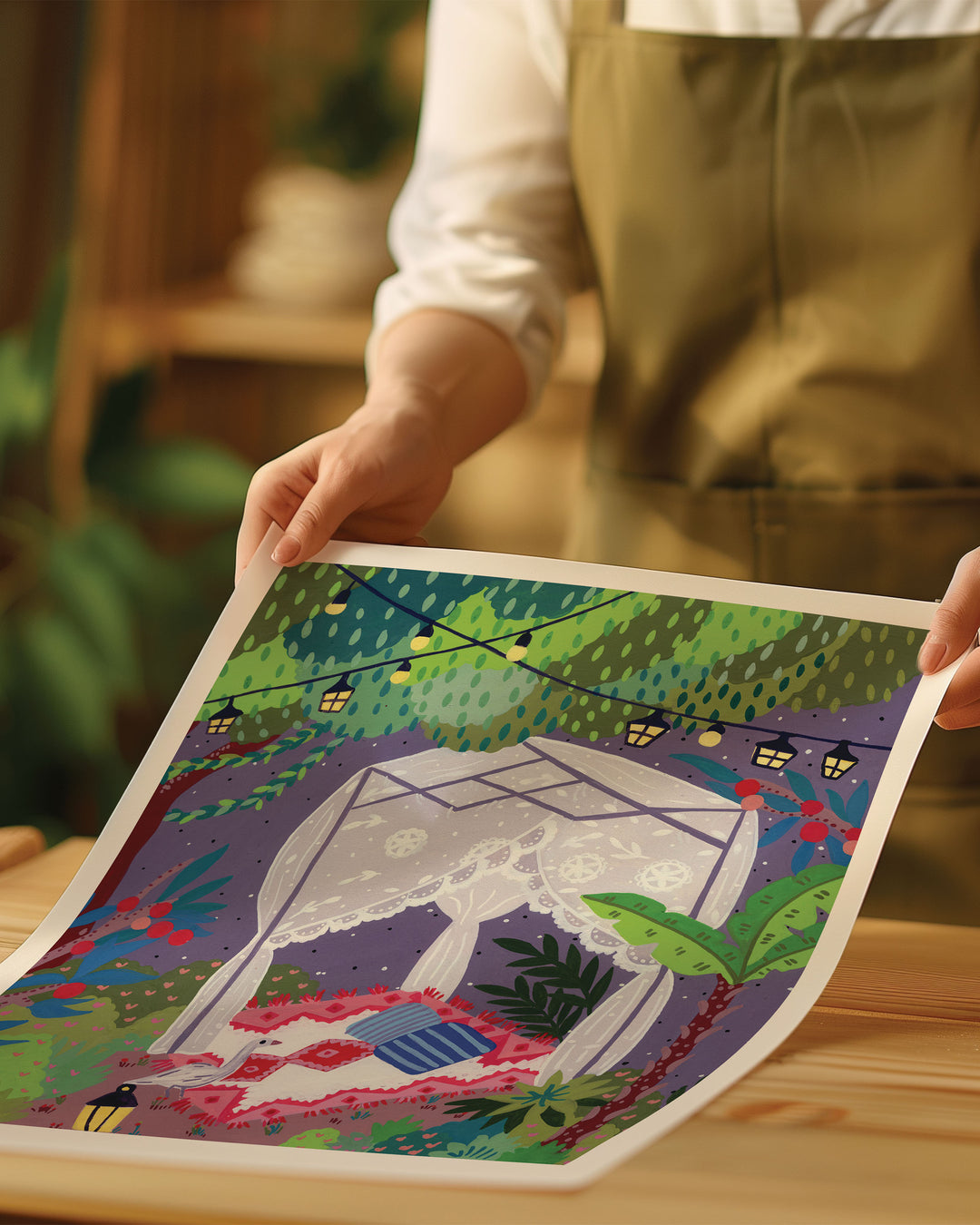 Person holding an Archival Art Print depicting a cozy outdoor scene under a canopy of trees. The centre features a draped canopy bed adorned with lace curtains, resting on a patterned red and white blanket with colourful cushions.