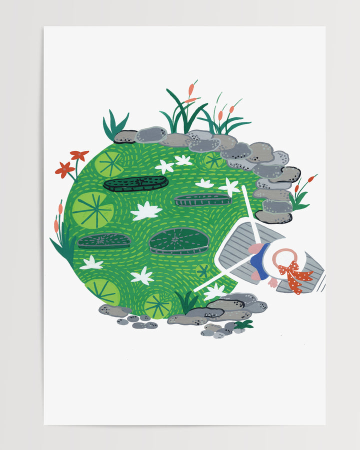 This delightful Art Print "Pondside Dreams" captures a serene pond scene filled with lily pads and vibrant greenery.
