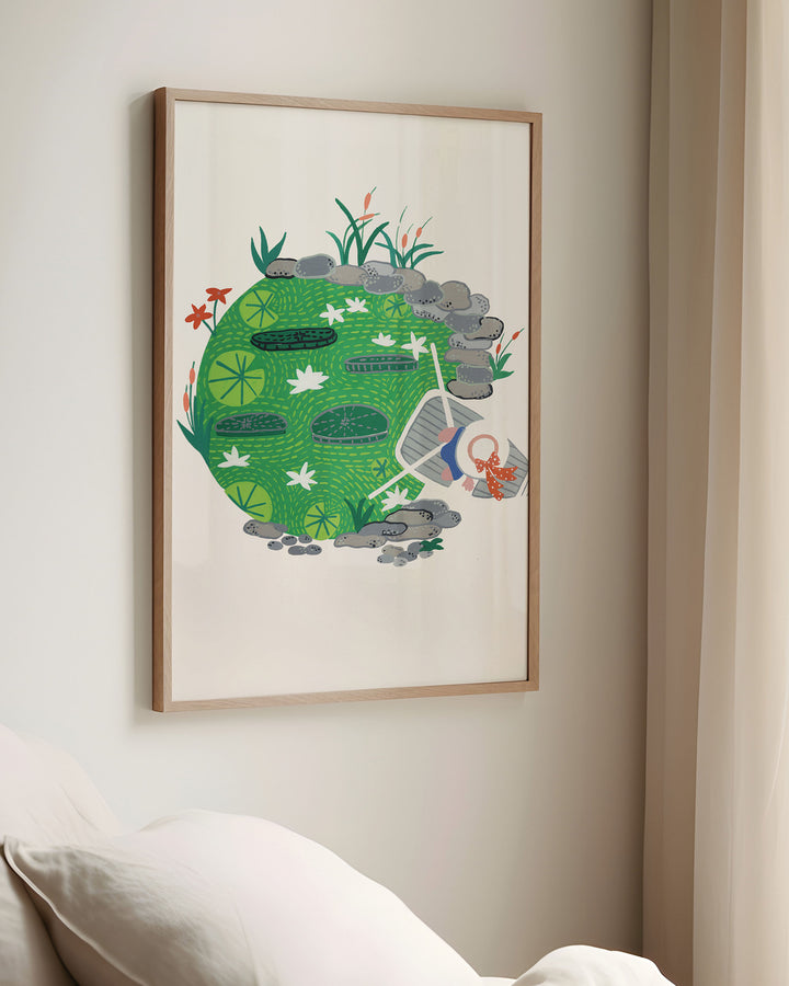 Framed Artwork "Pondside Dreams" captures a serene pond scene filled with lily pads and vibrant greenery.
