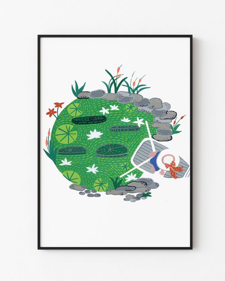 Black Framed Artwork "Pondside Dreams" captures a serene pond scene filled with lily pads and vibrant greenery.