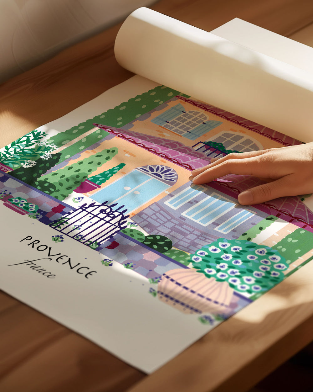 Archival Art Print of a charming Provençal house in Provence, France, surrounded by lush greenery and flowers. Archival, museum-quality, acid-free print by Little Berries Studio.
