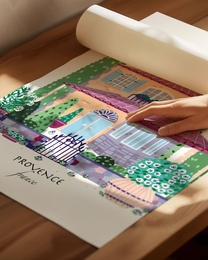Archival Art Print of a charming Provençal house in Provence, France, surrounded by lush greenery and flowers. Archival, museum-quality, acid-free print by Little Berries Studio.
