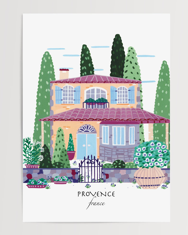 Illustration of a charming Provençal house in Provence, France, surrounded by lush greenery and flowers. Archival, museum-quality, acid-free print by Little Berries Studio.