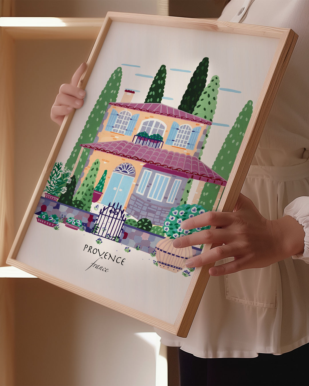 Framed Artwork of a charming Provençal house in Provence, France, surrounded by lush greenery and flowers. Archival, museum-quality, acid-free print by Little Berries Studio.