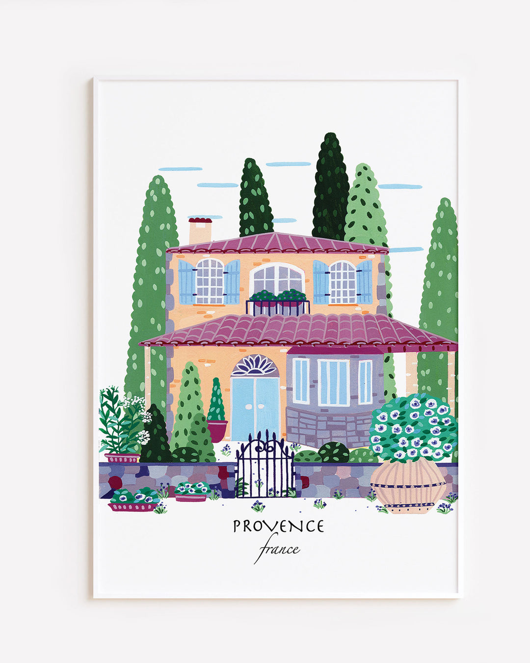 White Framed Artwork of a charming Provençal house in Provence, France, surrounded by lush greenery and flowers. Archival, museum-quality, acid-free print by Little Berries Studio.