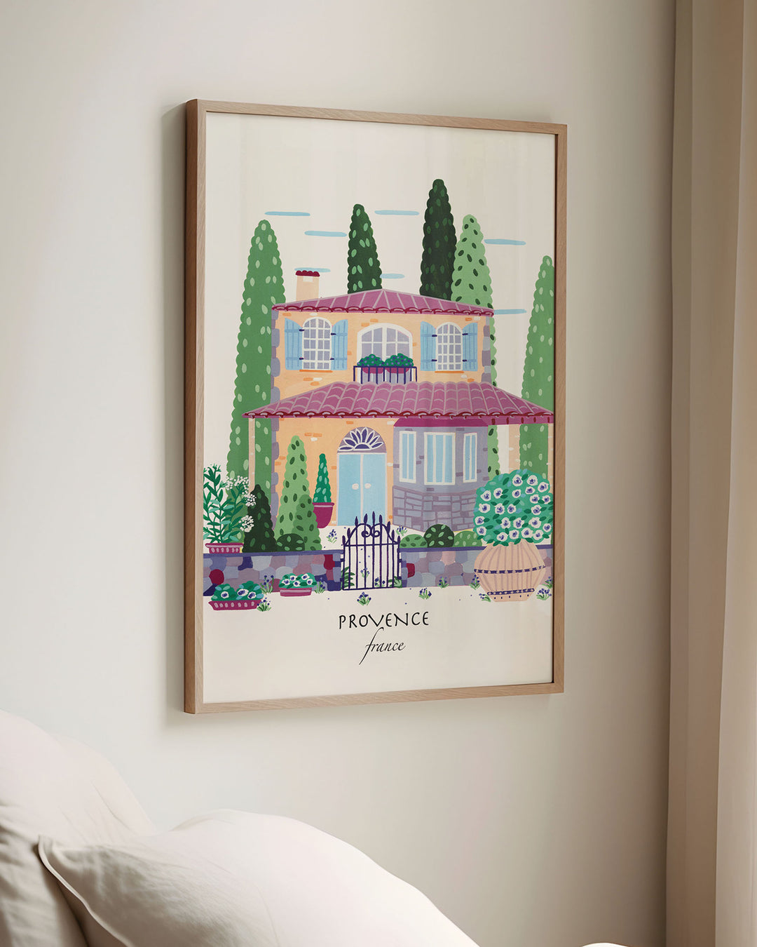 Framed Wall Art of a charming Provençal house in Provence, France, surrounded by lush greenery and flowers. Archival, museum-quality, acid-free print by Little Berries Studio.