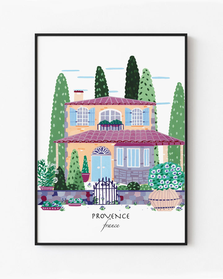 Black Framed Artwork of a charming Provençal house in Provence, France, surrounded by lush greenery and flowers. Archival, museum-quality, acid-free print by Little Berries Studio.