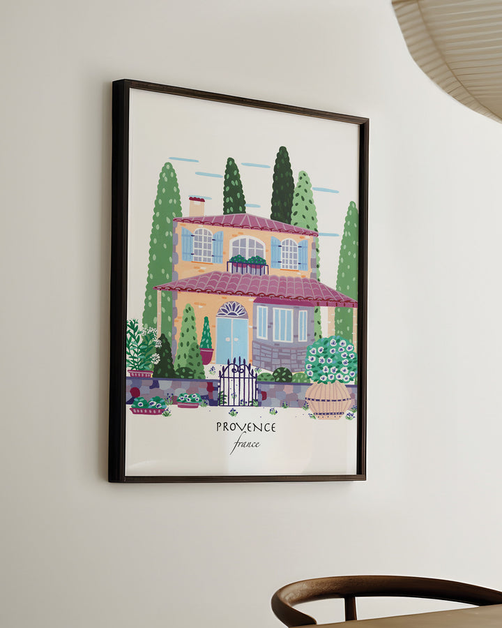 Ready-to-Hang Framed Wall Art of a charming Provençal house in Provence, France, surrounded by lush greenery and flowers. Archival, museum-quality, acid-free print by Little Berries Studio.