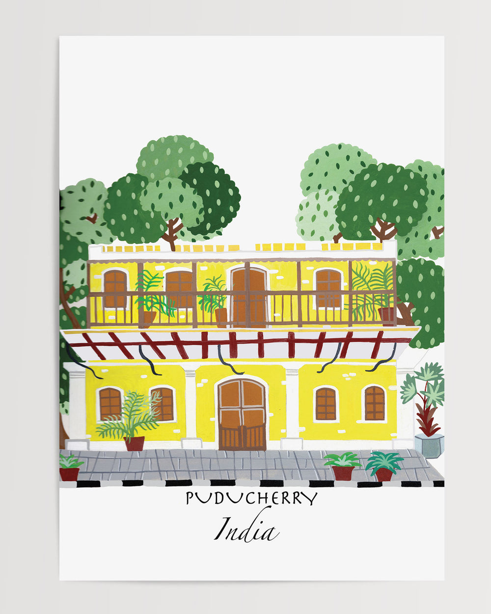 Vibrant illustration of a traditional yellow building in Puducherry, India, surrounded by lush greenery. Archival Print by Little Berries Studio.