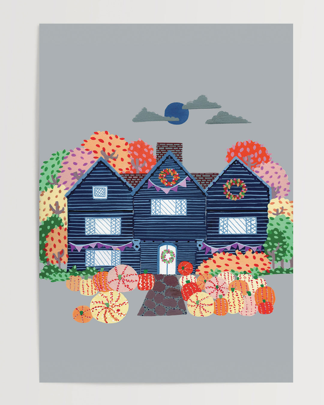 Charming illustration of a cosy, orange Victorian house surrounded by trees, capturing the essence of autumn with festive details and warm seasonal colours.