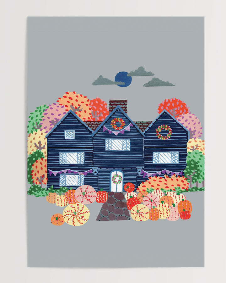 Charming illustration of a cosy, orange Victorian house surrounded by trees, capturing the essence of autumn with festive details and warm seasonal colours.