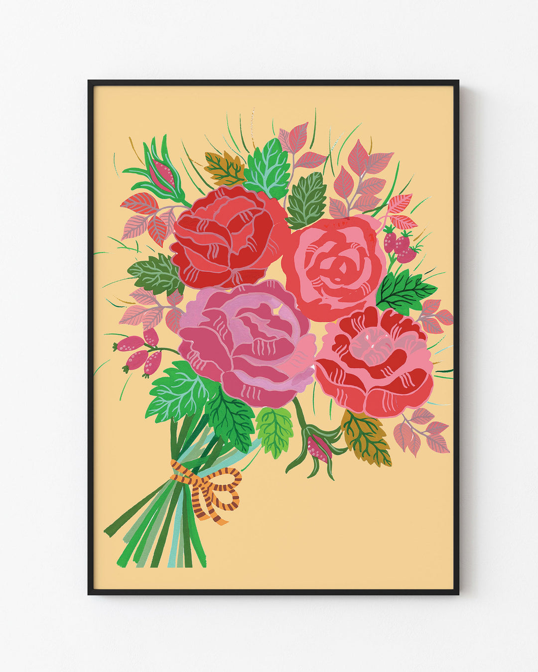 Black Framed Artwork featuring a bouquet of red and pink roses with lush green leaves and delicate accents on a warm yellow background, created by Little Berries Studio.