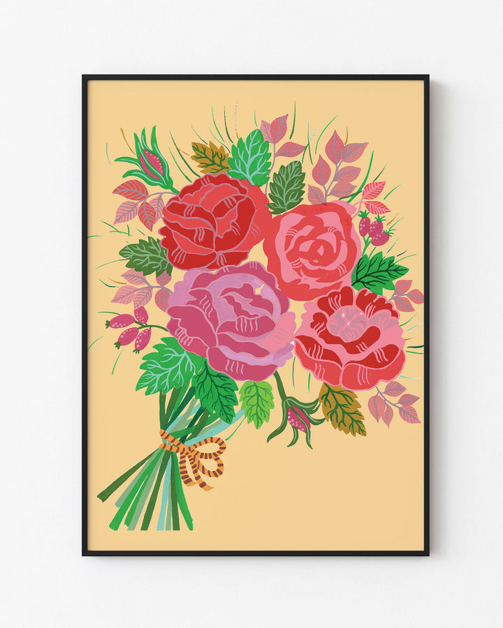 Black Framed Artwork featuring a bouquet of red and pink roses with lush green leaves and delicate accents on a warm yellow background, created by Little Berries Studio.