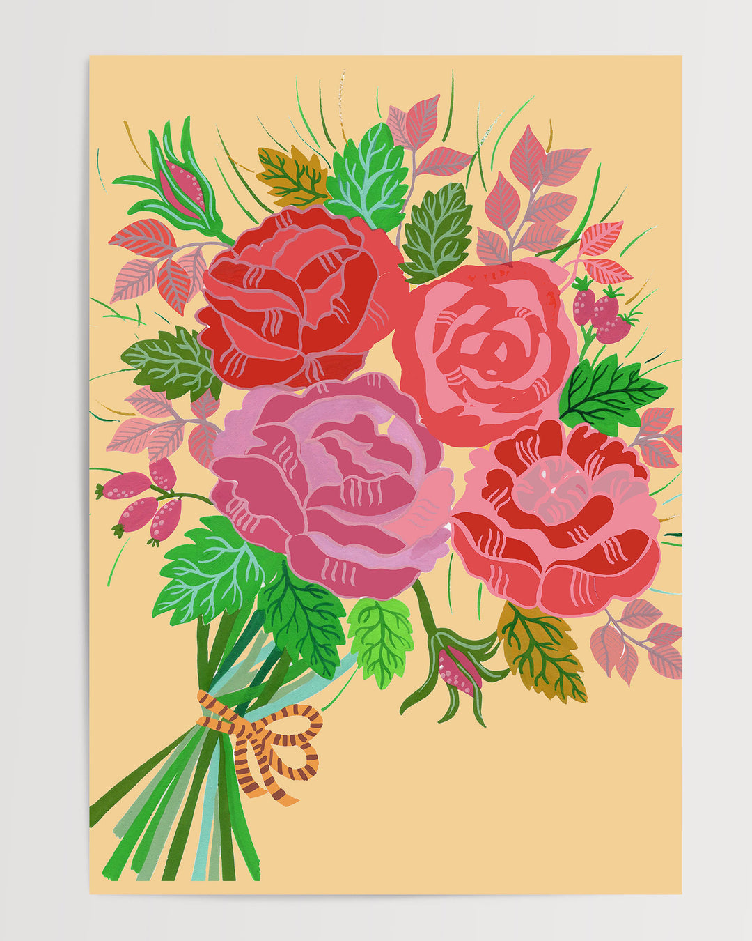 Vibrant botanical Art Print featuring a bouquet of red and pink roses with lush green leaves and delicate accents on a warm yellow background, created by Little Berries Studio.