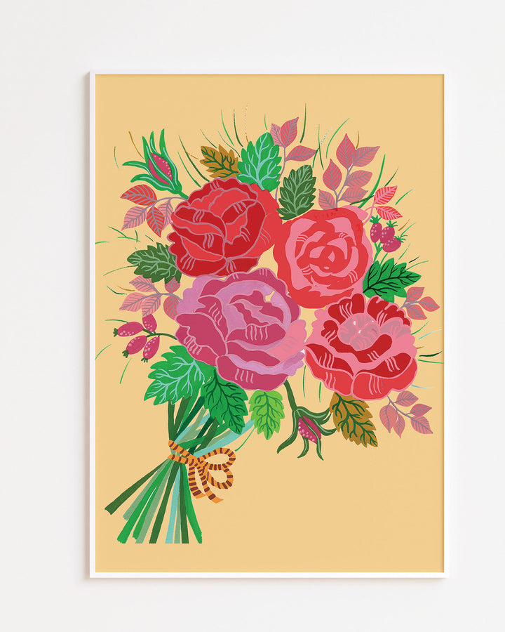 White Framed Artwork featuring a bouquet of red and pink roses with lush green leaves and delicate accents on a warm yellow background, created by Little Berries Studio.