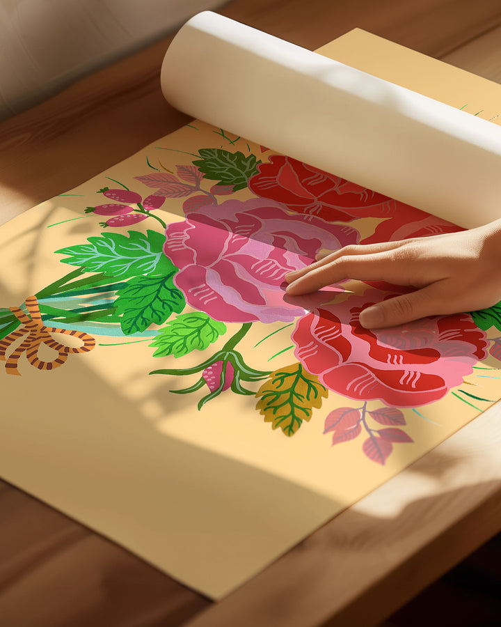An Archival botanical Art Print featuring a bouquet of red and pink roses with lush green leaves and delicate accents on a warm yellow background, created by Little Berries Studio.