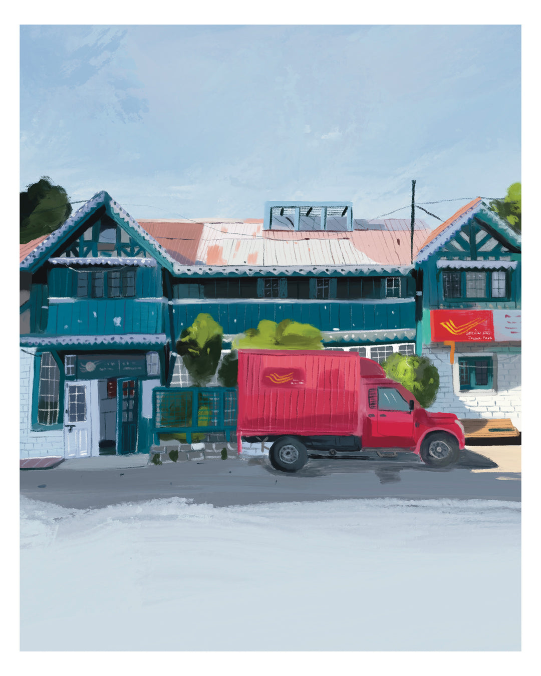 Red delivery truck parked in front of a Shimla Post office with a clear sky.