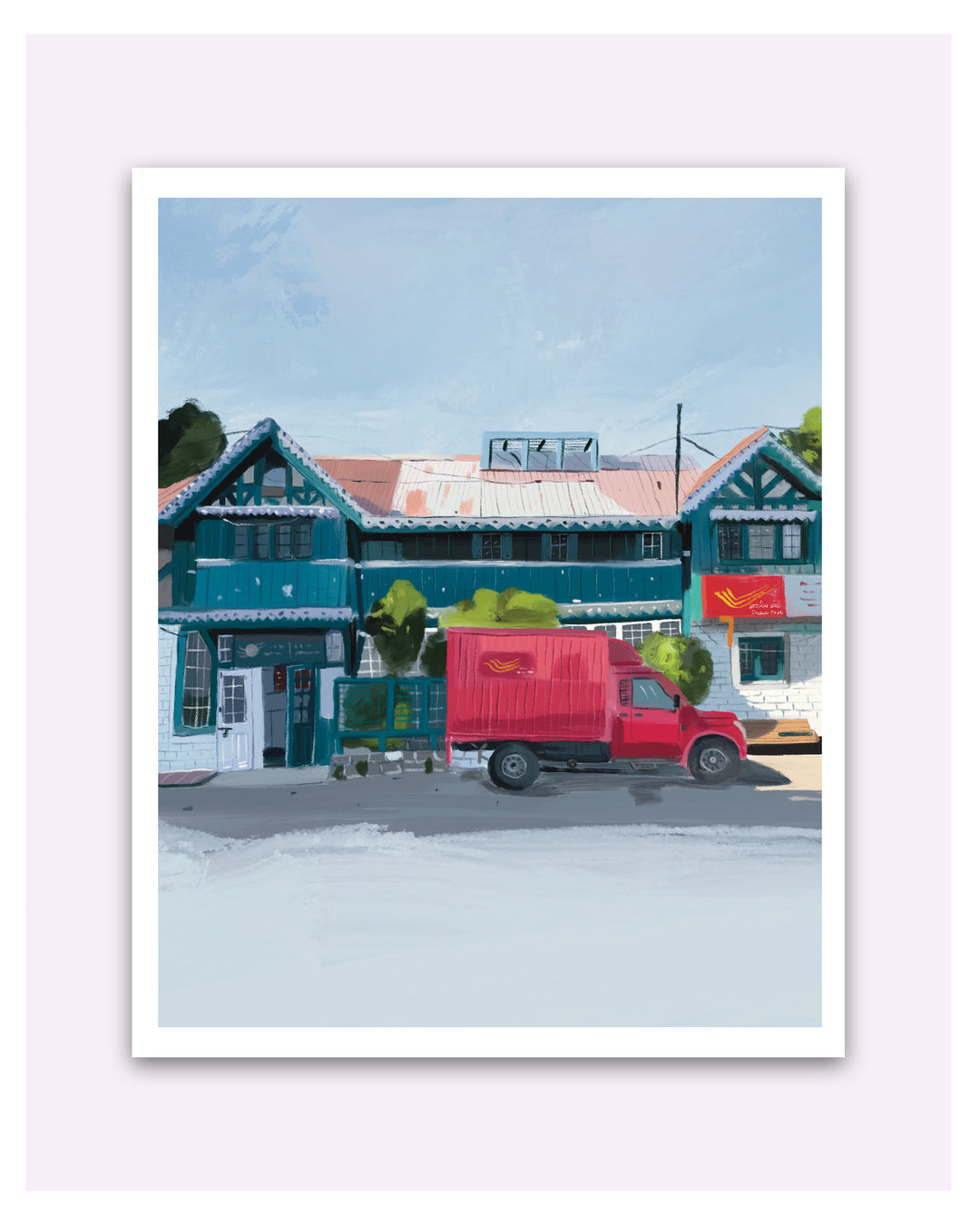 Artwork of a red truck in front of a Shimla Post Office with a white border.