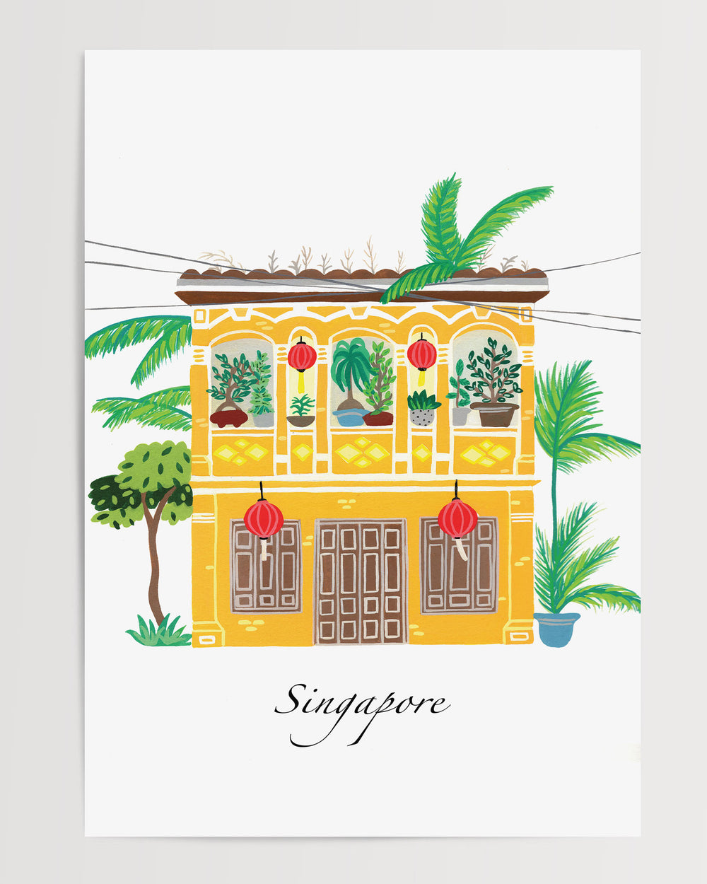 Colourful Illustration of a traditional Singaporean building with lush greenery and red lanterns, capturing the essence of Singapore. Archival Print by Little Berries Studio.