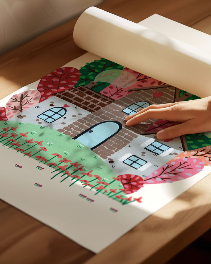 Archival Art Print of a cozy Smoke House with a blue door and heart details, surrounded by vibrant, colourful trees and blooming red flowers, ideal for decorating kids' rooms.
