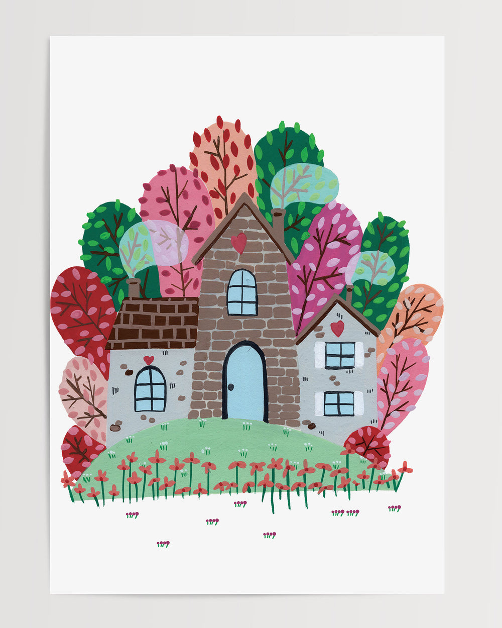 Colourful Illustration of a cozy Smoke House with a blue door and heart details, surrounded by vibrant, colourful trees and blooming red flowers, ideal for decorating kids' rooms.