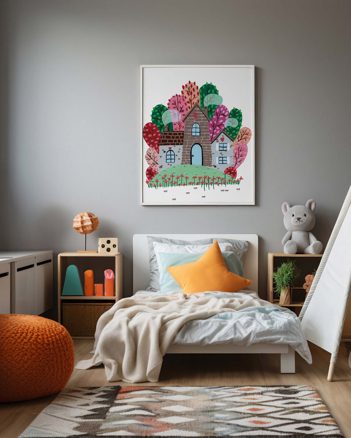 Framed Wall Art of a cozy Smoke House with a blue door and heart in beautifully decorated kids room by Little Berries Studio.