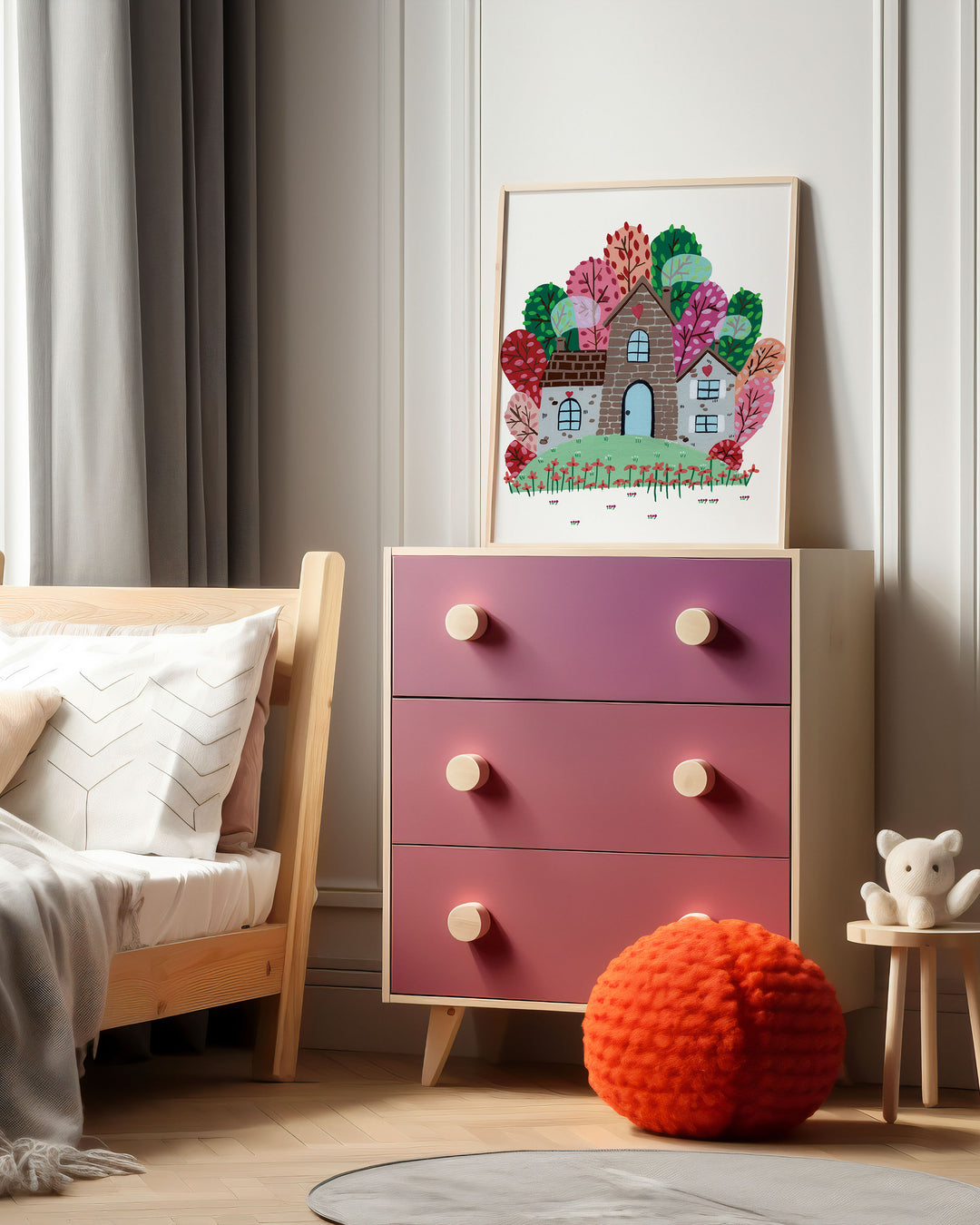 Framed Wall Art of a cozy Smoke House with a blue door and heart in beautifully decorated kids room by Little Berries Studio.