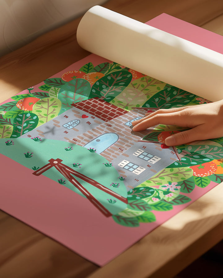 Whimsical Archival Art Print of a cozy Smoke House with a blue door and heart details, surrounded by vibrant, blooming foliage on a pink background, ideal for decorating kids rooms.