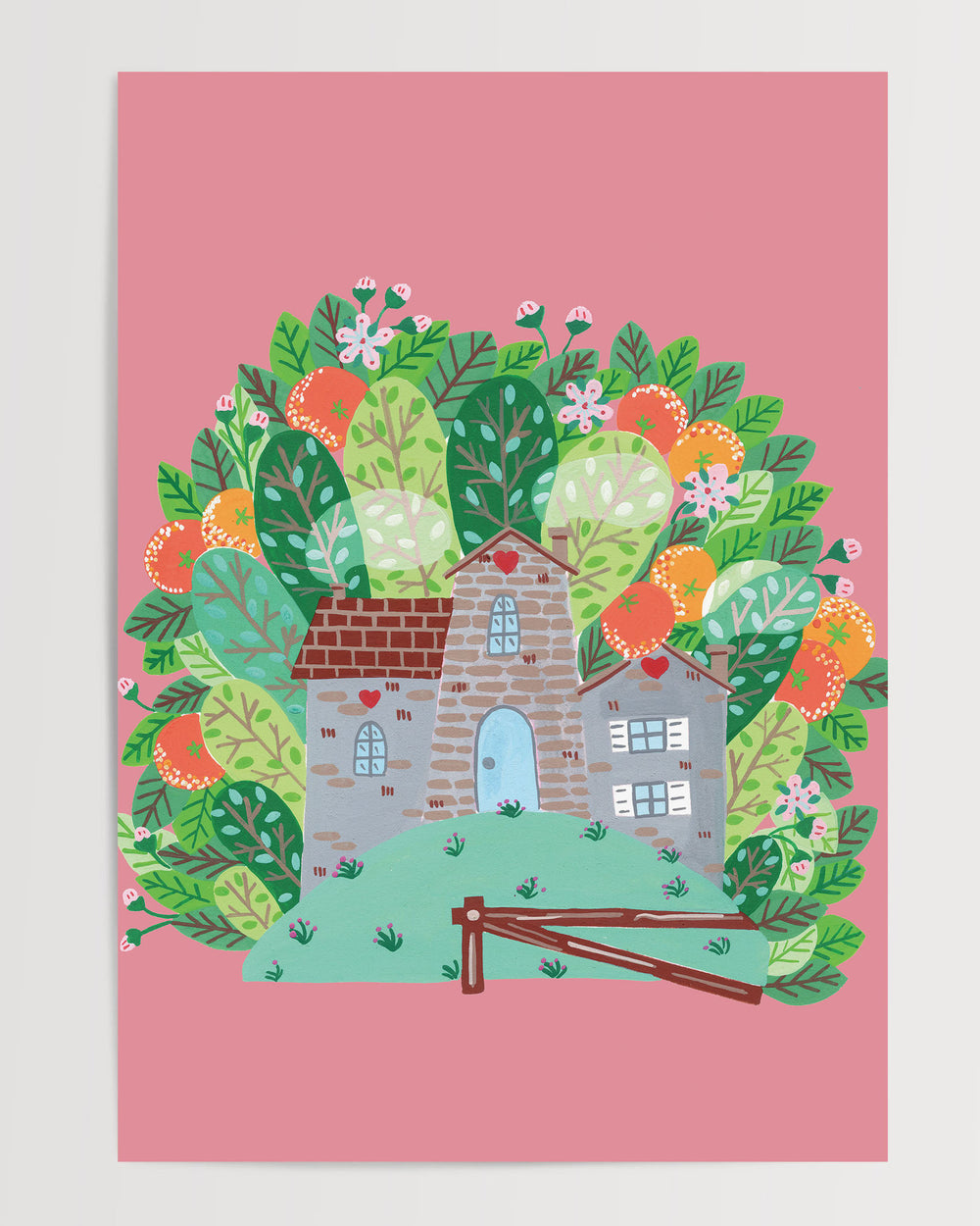 Whimsical illustration of a cozy Smoke House with a blue door and heart details, surrounded by vibrant, blooming foliage on a pink background, ideal for decorating kids rooms.