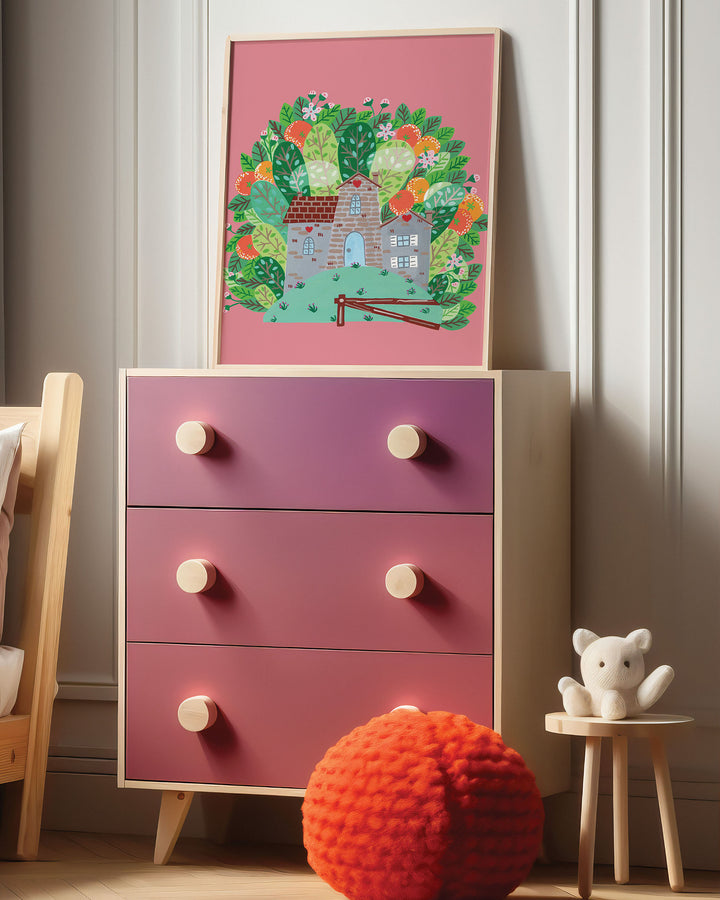 Framed Wall Art of a cozy Smoke House with a blue door and heart details, surrounded by vibrant, blooming foliage on a pink background beautifully decorated in kids room.