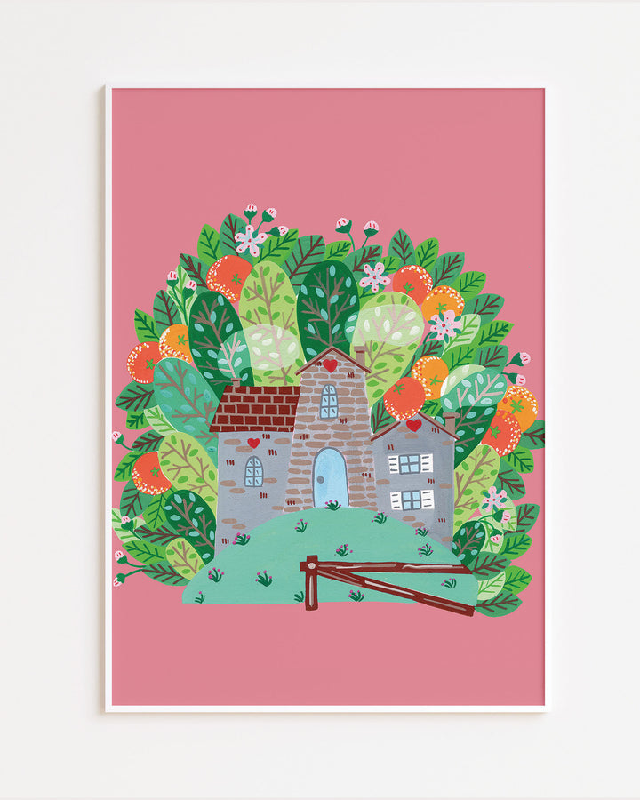 White Framed Artwork of a cozy Smoke House with a blue door and heart details, surrounded by vibrant, blooming foliage on a pink background, ideal for decorating kids rooms.