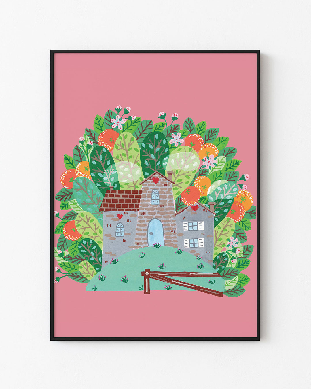 Black Framed Artwork of a cozy Smoke House with a blue door and heart details, surrounded by vibrant, blooming foliage on a pink background, ideal for decorating kids rooms.