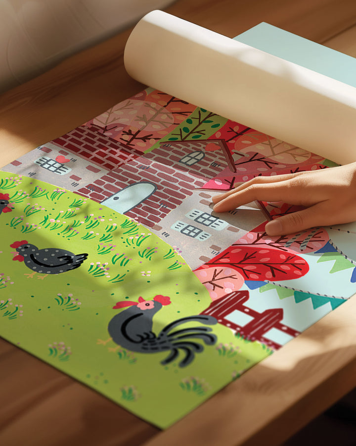 An Archival Art Print of a countryside scene featuring  a brick house surrounded by colourful trees with chickens grazing on a green hill, created by Little Berries Studio. 