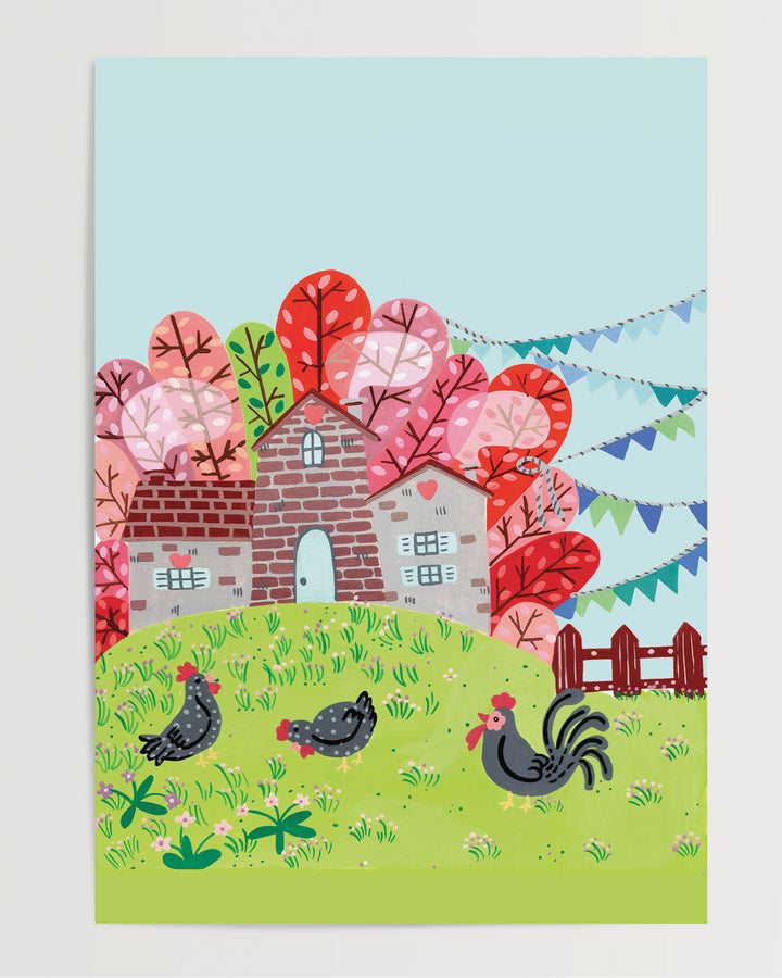 Whimsical illustration of a countryside scene featuring a brick house surrounded by colourful trees with chickens grazing on a green hill, created by Little Berries Studio.